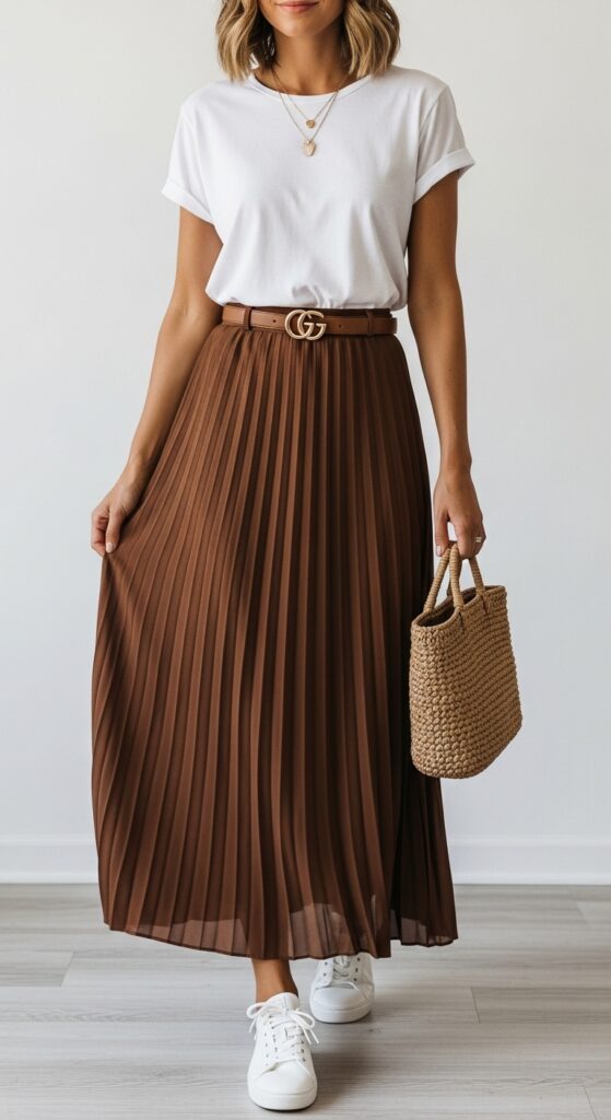 14 Stylish Brown Skirt Outfit Ideas You’ll Love 13 White Tee & Pleated Maxi Skirt