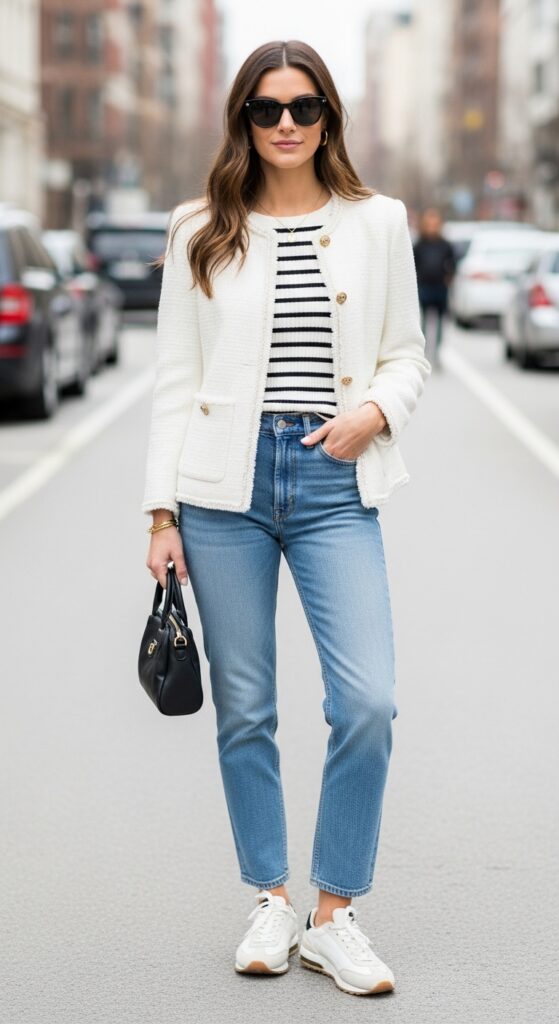 17 Stylish Ways to Wear a Tweed Jacket for Every Occasion 17 White Tweed Jacket with Striped Top and Jeans