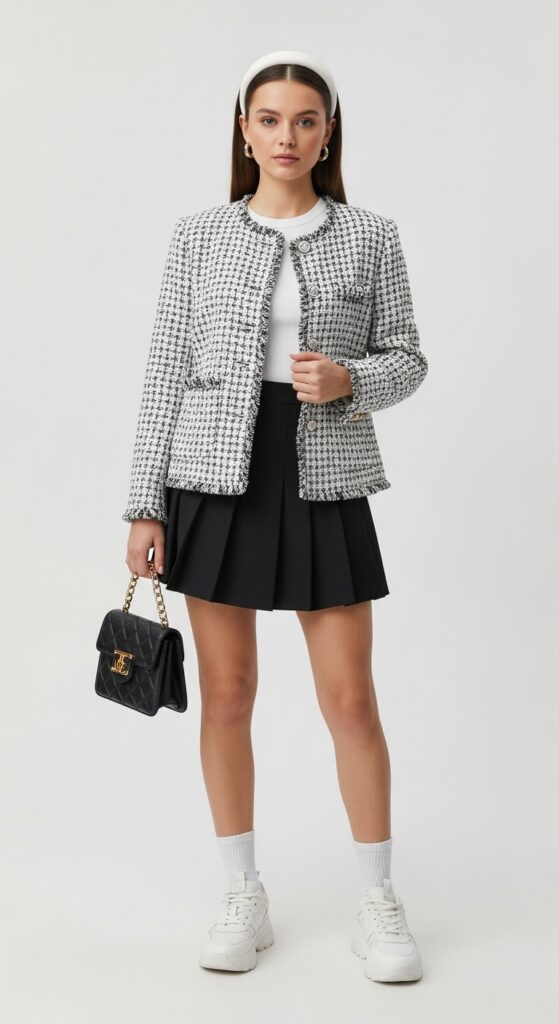 17 Stylish Ways to Wear a Tweed Jacket for Every Occasion 16 White and Black Tweed Jacket with Pleated Mini Skirt