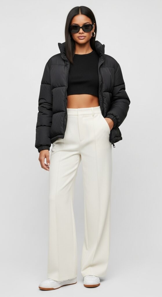 19 Cozy and Stylish Puffer Jacket Outfit Ideas for Winter 19 Wide-Leg Pants and Cropped Top