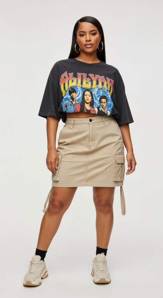 90s Nostalgia Oversized Graphic Tee & Cargo Skirt