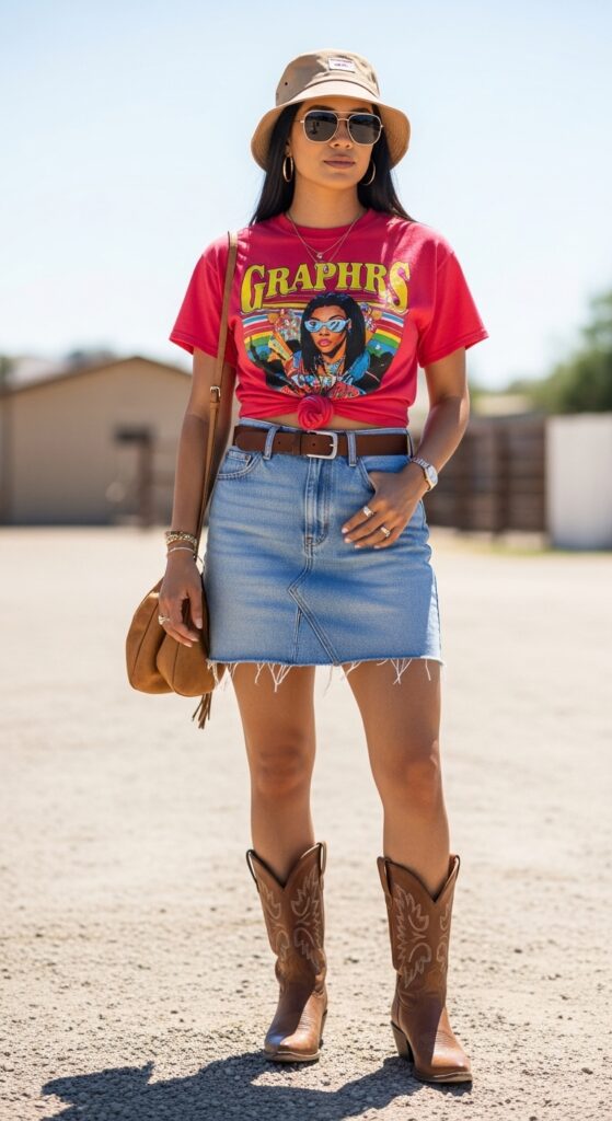 90s Western Graphic Tee & Denim Skirt