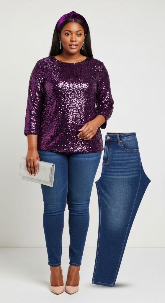 Amethyst Sequin Top and Jeans for Party Sparkle
