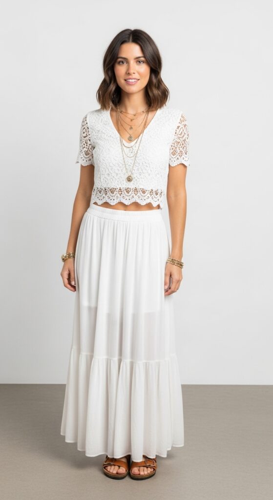 Andalusia Charm Lace Crop Top & White Skirt