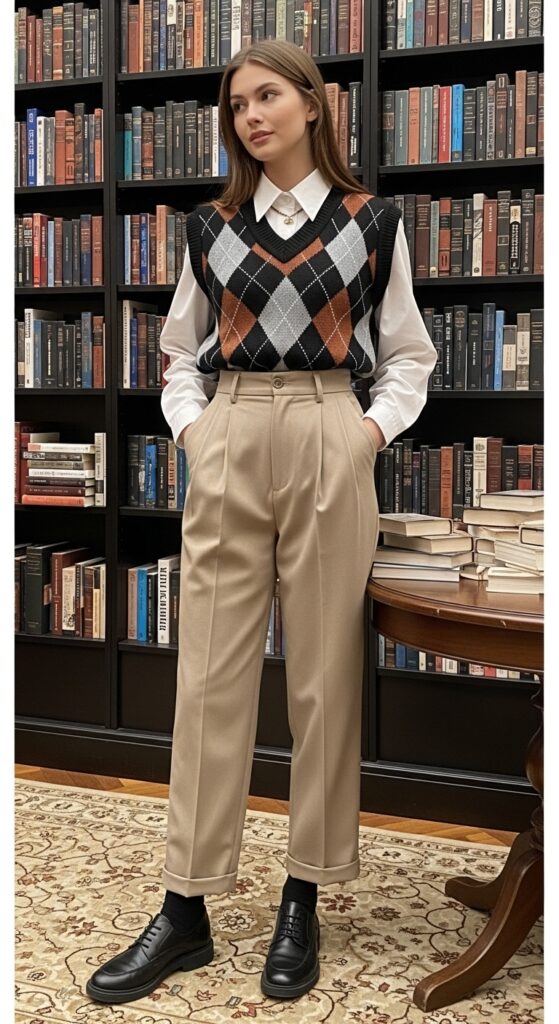Argyle Sweater Vest and High-Waisted Trousers