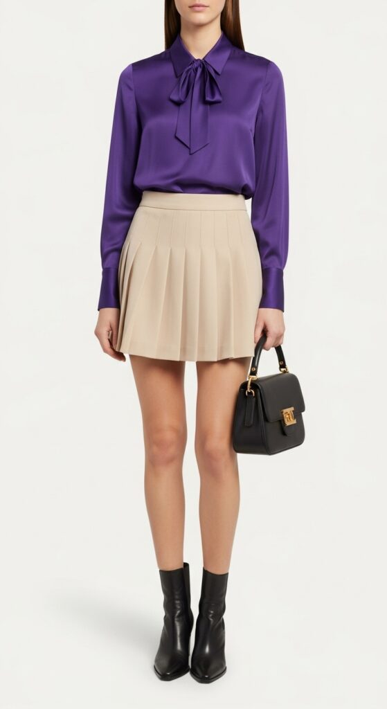 28 Pleated Skirt Outfits to Nail Effortless Chic 25 Art Gallery Chic Purple Silk Blouse & Beige Pleated Mini