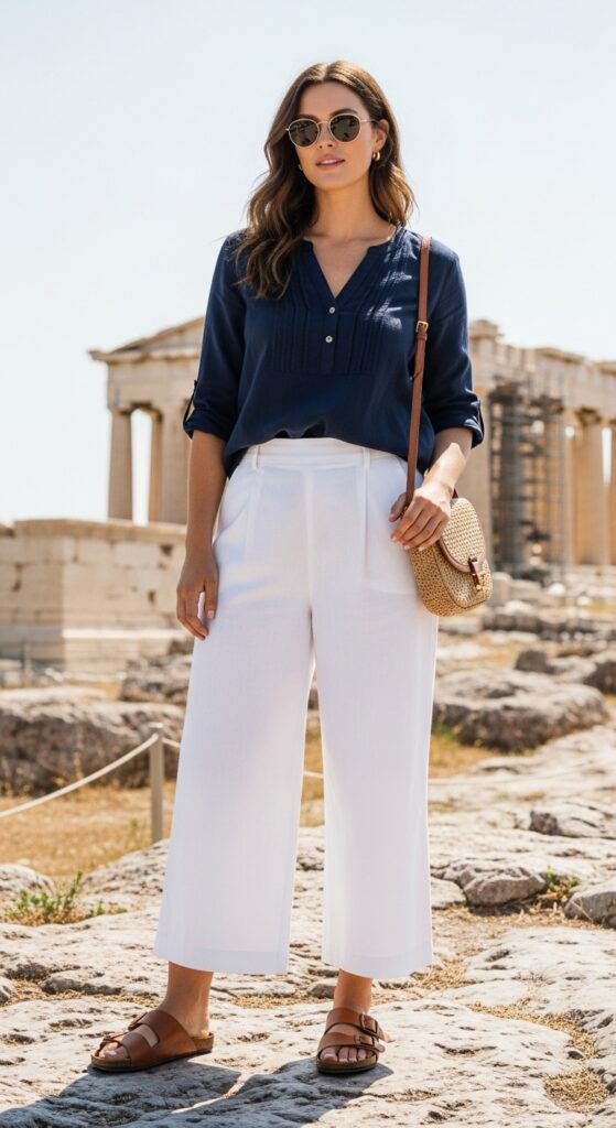 Athens Ruins Stroll Navy Fisherman Blouse & Wide-Leg Pants