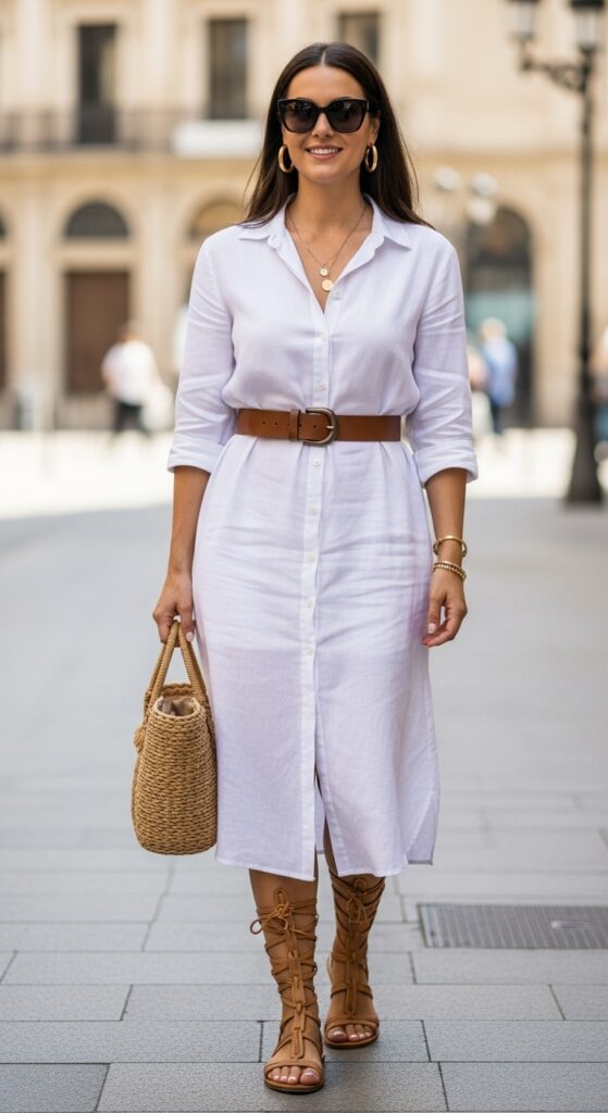 Barcelona Stroll White Linen Shirt Dress & Sandals