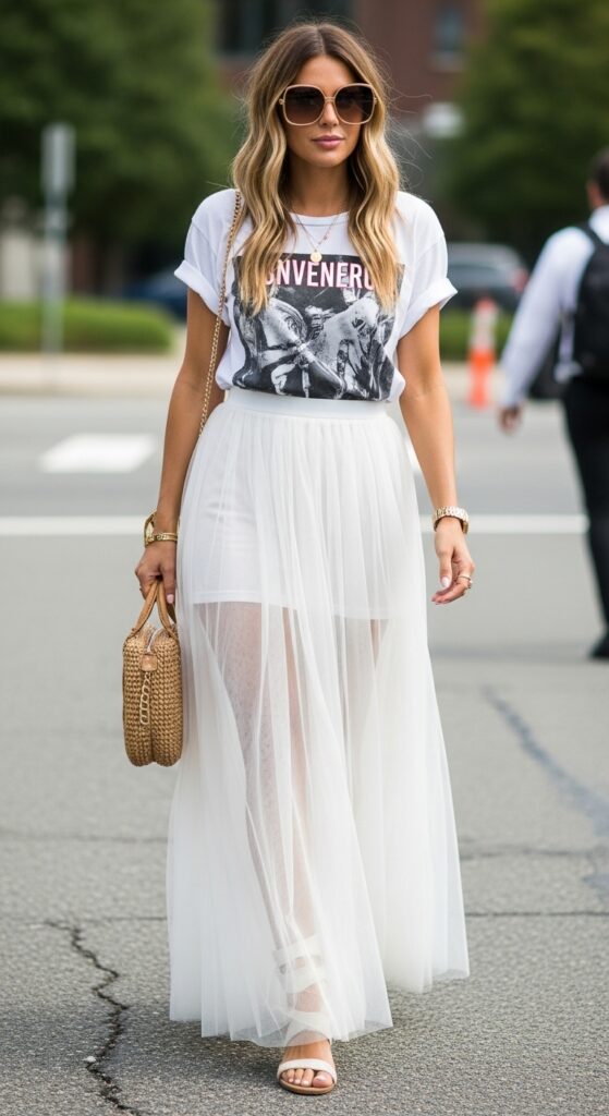 21 Stunning Tulle Skirt Outfit Ideas for U.S. Women in 2025 21 Beach Wedding Sheer White Tulle Maxi & Tee
