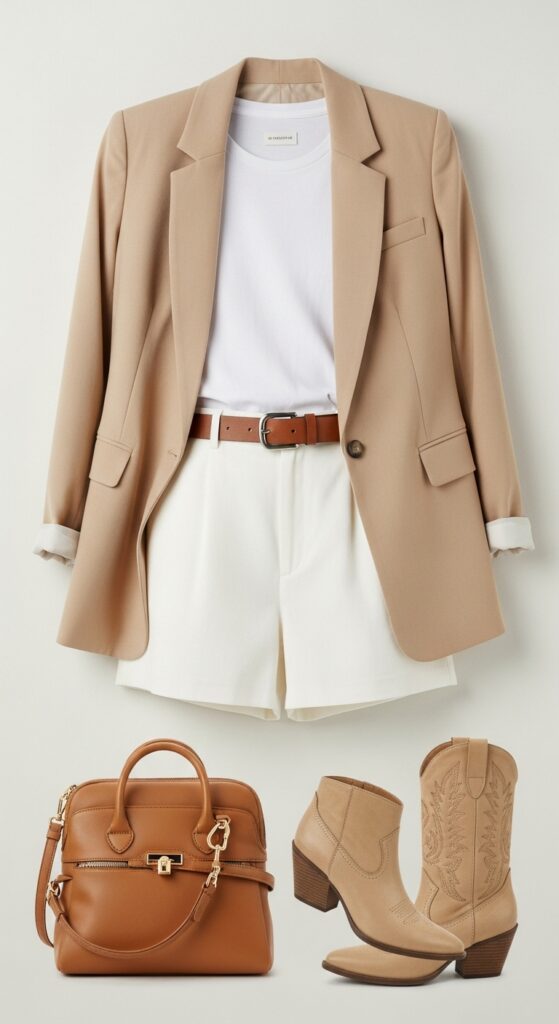 22 Stylish White Shorts Outfit Ideas You’ll Love This Summer 16 Beige Blazer, White T-Shirt, and White Shorts