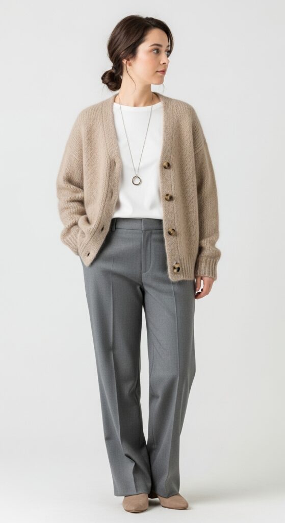 22 Chic Knitted Sweater Outfit Ideas You Need to Try 24 Beige Mohair Cardigan + Grey Straight-Leg Pants