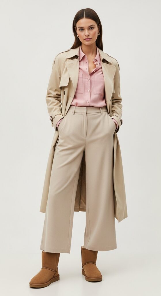 22 Stylish Trench Coat Outfits to Revamp Your Wardrobe 3 Beige Trench Coat with Pink Button-Up and Wide-Leg Pants