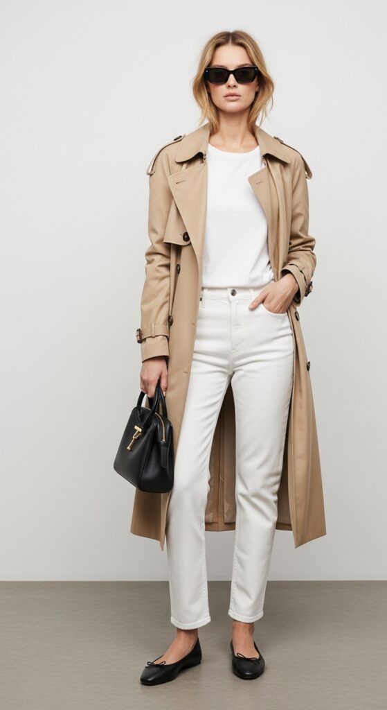 22 Stylish Trench Coat Outfits to Revamp Your Wardrobe 17 Beige Trench with All-White Basics