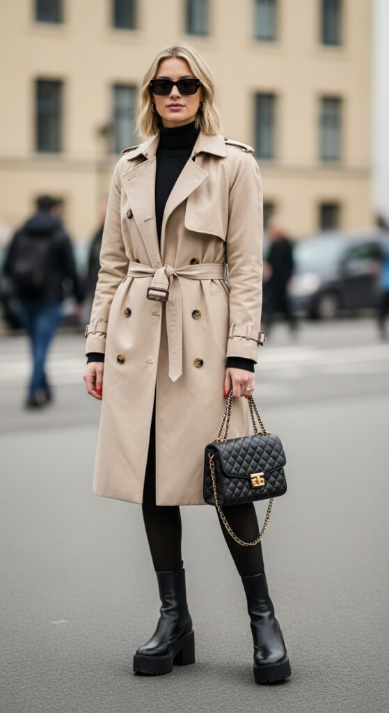 22 Stylish Trench Coat Outfits to Revamp Your Wardrobe 19 Beige Trench with Black Tights and Platform Boots
