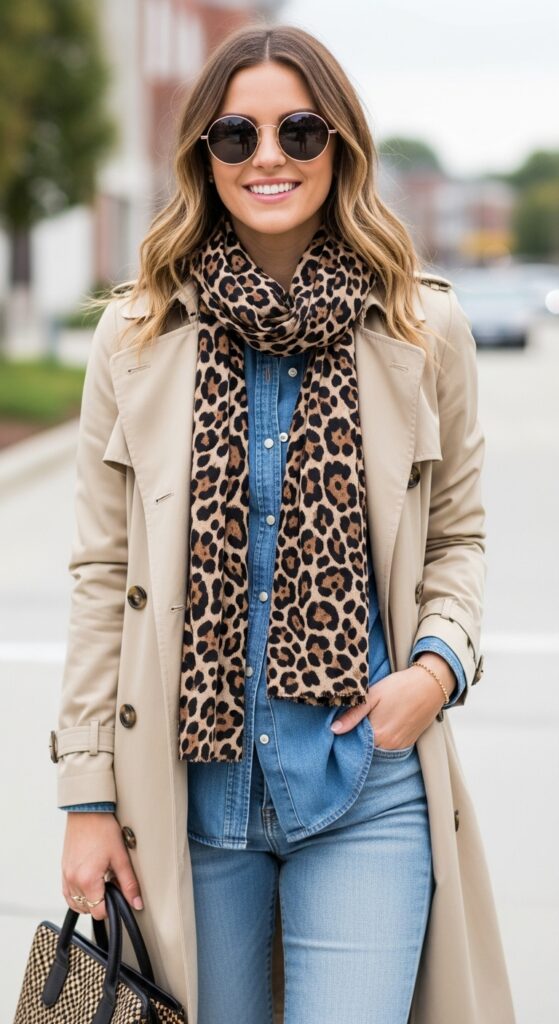 22 Stylish Trench Coat Outfits to Revamp Your Wardrobe 7 Beige Trench with Denim Shirt and Leopard Scarf