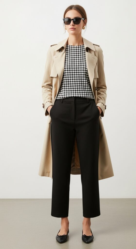 22 Stylish Trench Coat Outfits to Revamp Your Wardrobe 23 Beige Trench with Gingham Top and Black Pants