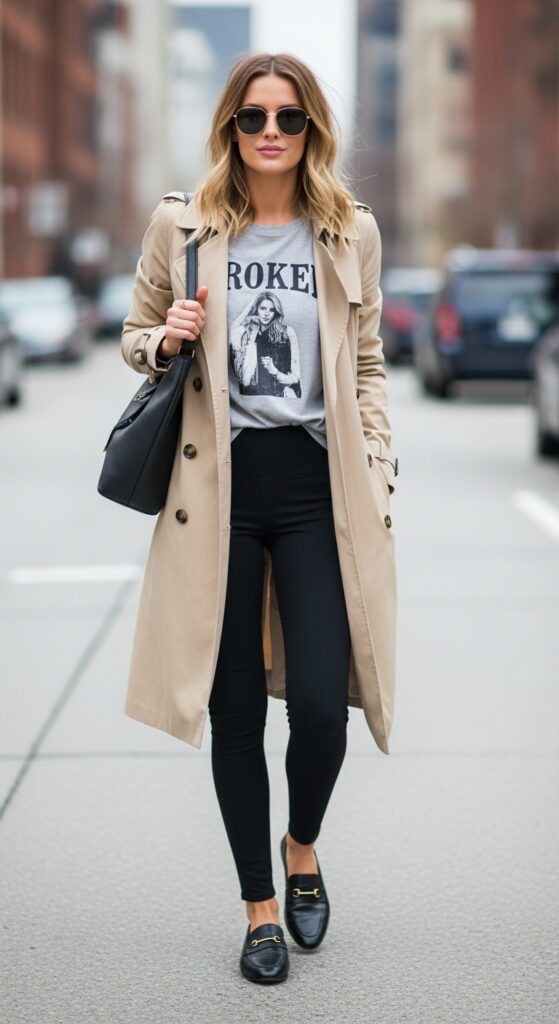 22 Stylish Trench Coat Outfits to Revamp Your Wardrobe 15 Beige Trench with Graphic Tee and Leggings