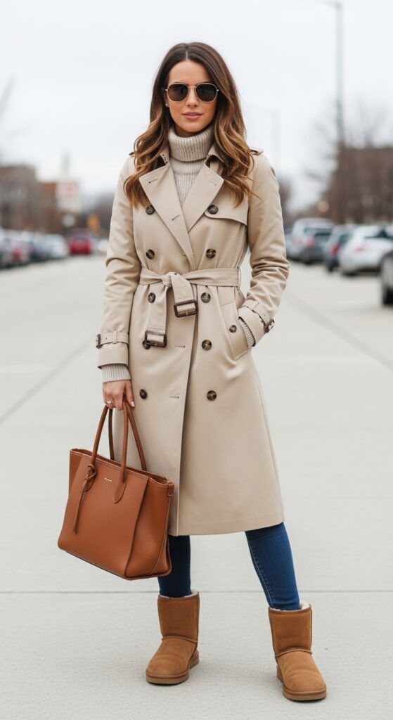 22 Stylish Trench Coat Outfits to Revamp Your Wardrobe 5 Beige Trench with Tan UGG-Style Boots