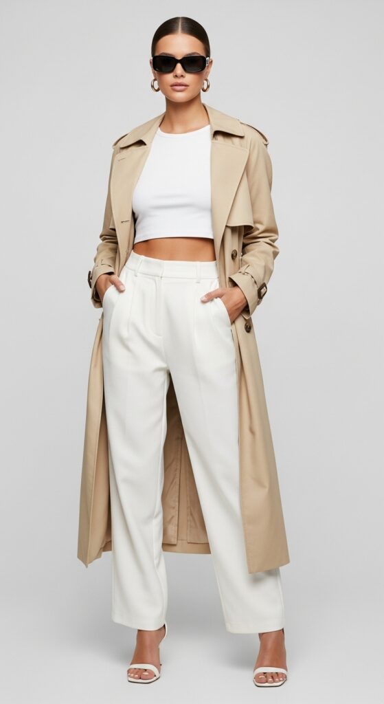 22 Stylish Trench Coat Outfits to Revamp Your Wardrobe 24 Beige Trench with White Cropped Top and High-Waisted Pants