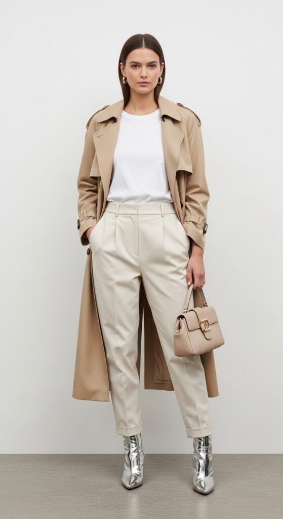 22 Stylish Trench Coat Outfits to Revamp Your Wardrobe 13 Beige Trench with White Tee and Cream Pants