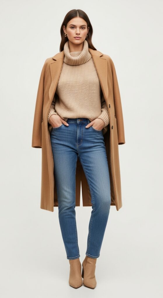 22 Chic Knitted Sweater Outfit Ideas You Need to Try 20 Beige Turtleneck Sweater + Camel Coat + Blue Jeans