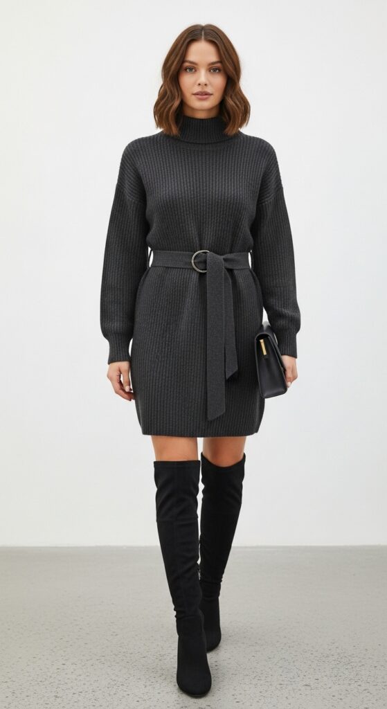 Belted Sweater Dress and Boots