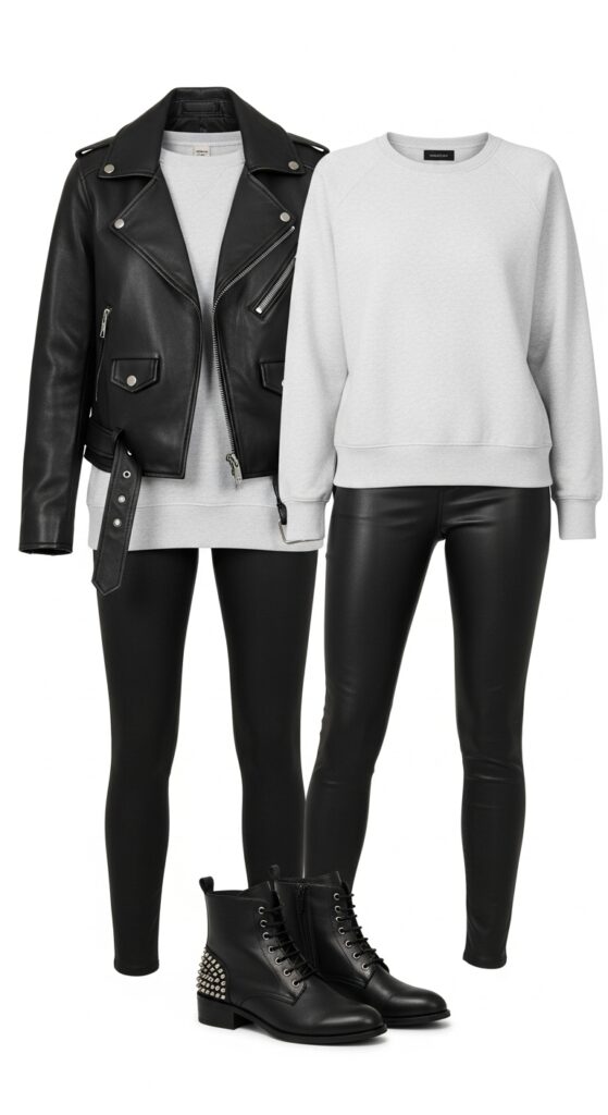 18 Stylish Sweatshirt Outfits to Elevate Your Everyday Look 15 Biker Jacket and Sweatshirt Combo