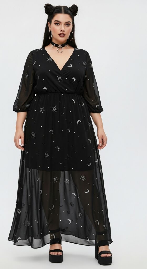 10 Bold Plus-Size Summer Goth Outfits for Curvy Women’s Gothic Soul 4 Black Chiffon Maxi Dress