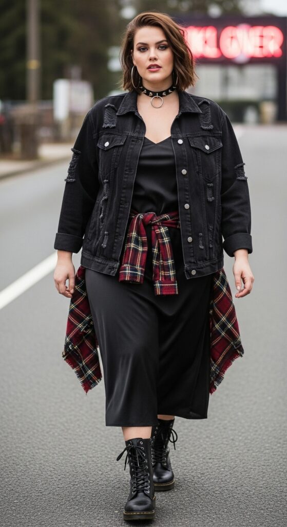 12 Plus Size Grunge Outfits for Winter with Chic Season Style 3 Black Distressed Denim Jacket and Dress for Concert Nights