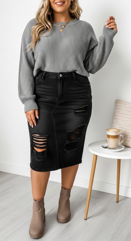 12 Plus Size Grunge Outfits for Winter with Chic Season Style 6 Black Distressed Denim Skirt and Top for Brunch Vibes