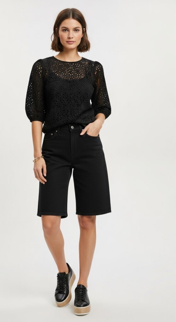 20 Stylish Jean Shorts Outfits for Every Summer Occasion 5 Black Eyelet Top and Bermuda Shorts