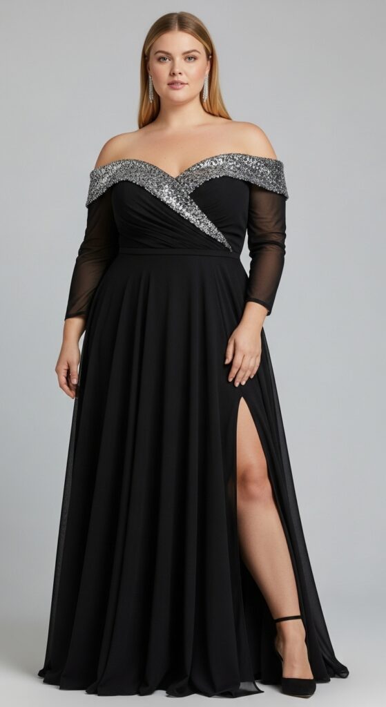 Black Floor-Length Gown with Sequins