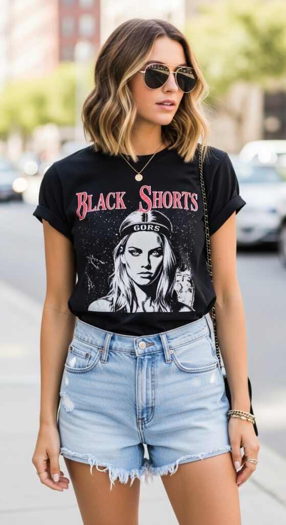 20 Stylish Jean Shorts Outfits for Every Summer Occasion 22 Black Graphic Tee and Light Wash Shorts