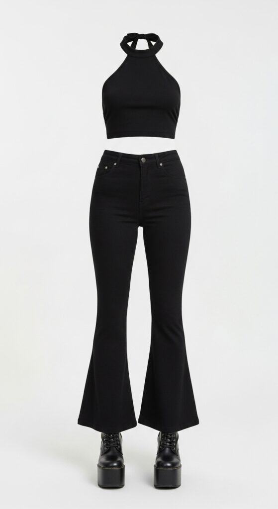 Black Halter Top + Flared Pants + Platform Boots