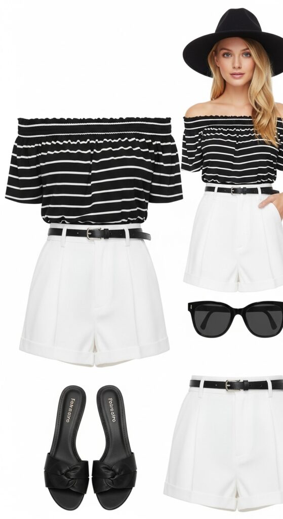 22 Stylish White Shorts Outfit Ideas You’ll Love This Summer 23 Black Off-Shoulder Top with White Stripes and High-Waisted Shorts