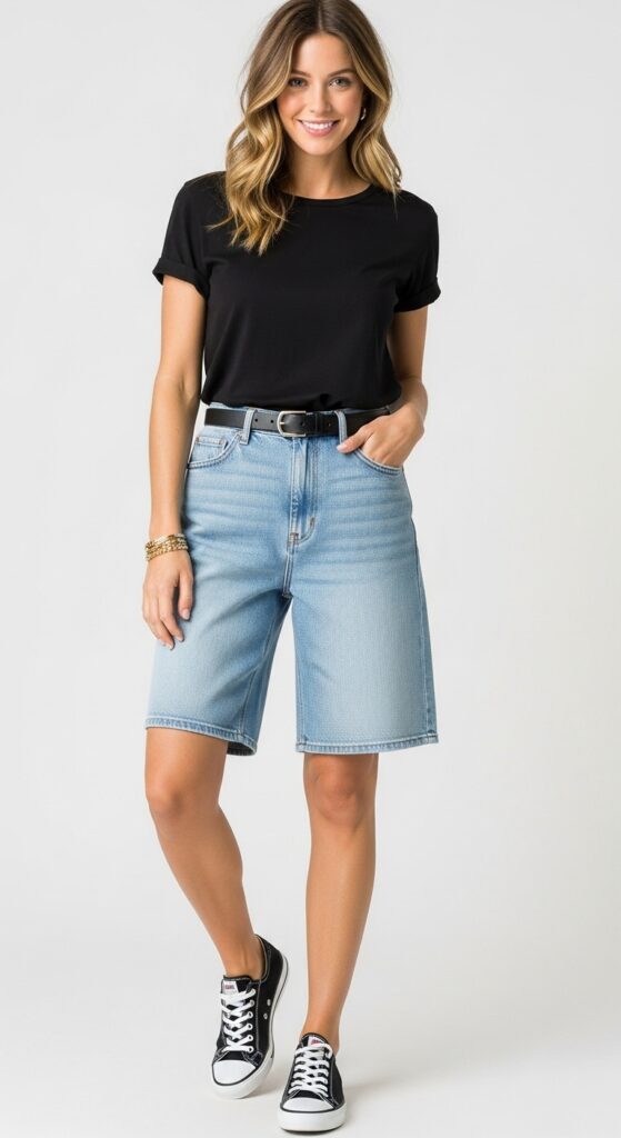 20 Stylish Jean Shorts Outfits for Every Summer Occasion 10 Black Tee and Bermuda Shorts