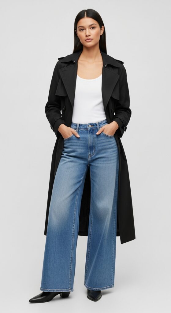 22 Stylish Trench Coat Outfits to Revamp Your Wardrobe 10 Black Trench with White Tank and Wide-Leg Jeans