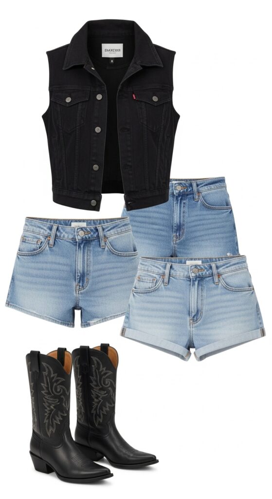 20 Stylish Jean Shorts Outfits for Every Summer Occasion 13 Black Vest and Light Wash Shorts