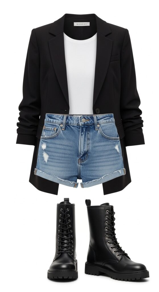 18 Bold Combat Boot Outfits to Slay Your Style This Season 8 Blazer and Denim Shorts