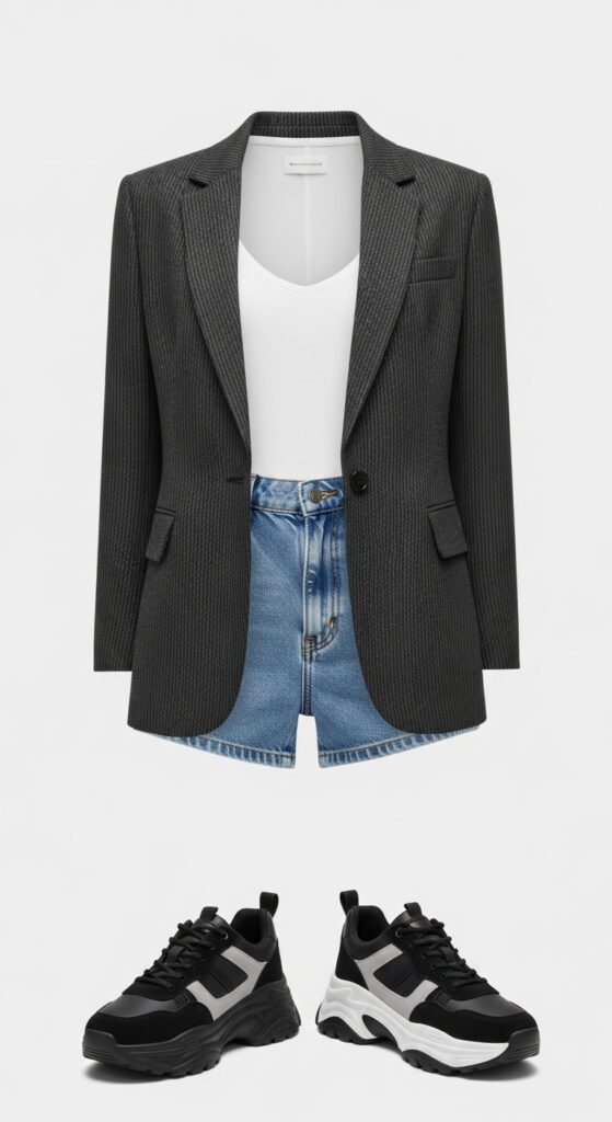 20 Bold Chunky Sneaker Outfits for a Standout Look 7 Blazer and Denim Shorts