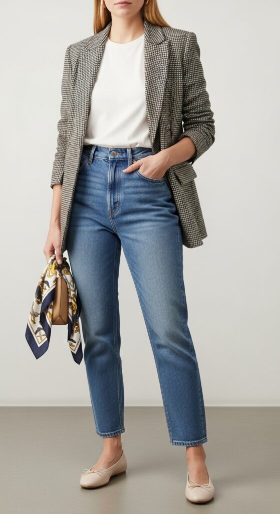 21 Feminine Ballet Flat Outfits for Classic and Modern Looks 4 Blazer and High-Waisted Jeans