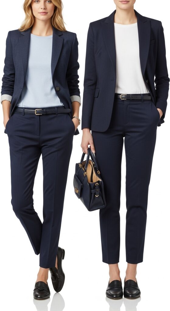 15 Stylish Navy Pants Outfits for Effortless Elegance 5 Blazer and Loafers