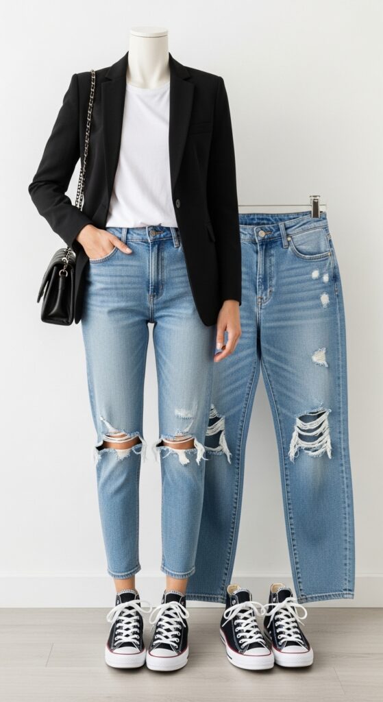 24 Trendy Converse Sneaker Outfits for Every Vibe 4 Blazer and Ripped Jeans