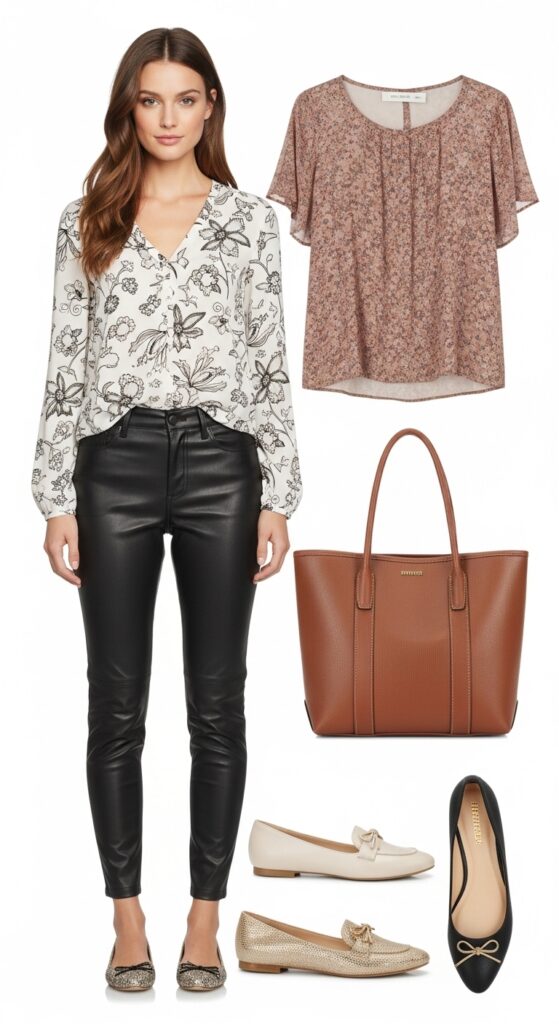 20 Stylish Flat Shoe Outfits to Inspire Your Wardrobe 17 Blouse and Leather Pants