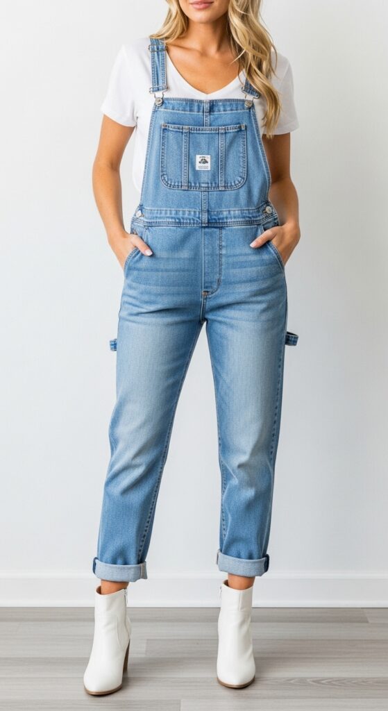 Blue Denim Overalls, White Tee & Ankle Boots