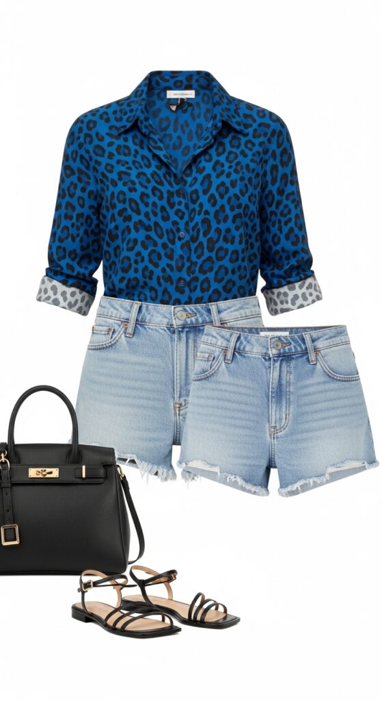21 Stylish Denim Shorts Outfit Ideas 8 Blue Leopard Print and Light Wash Denim