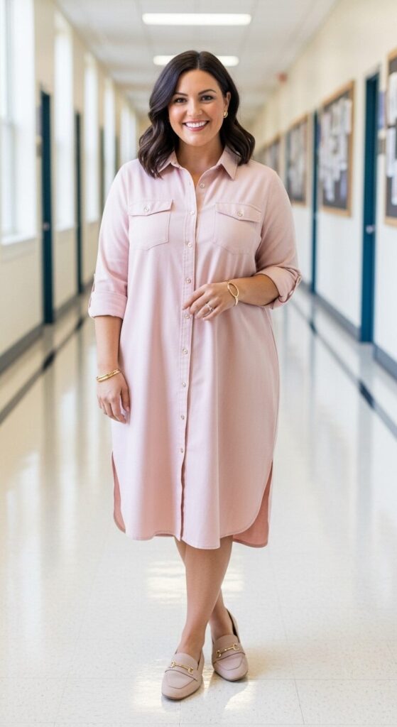 Blush Chambray Shirt Dress for PTA Meetings