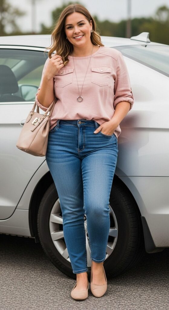 Blush Chambray Top and Jeans for School Pickup Ease