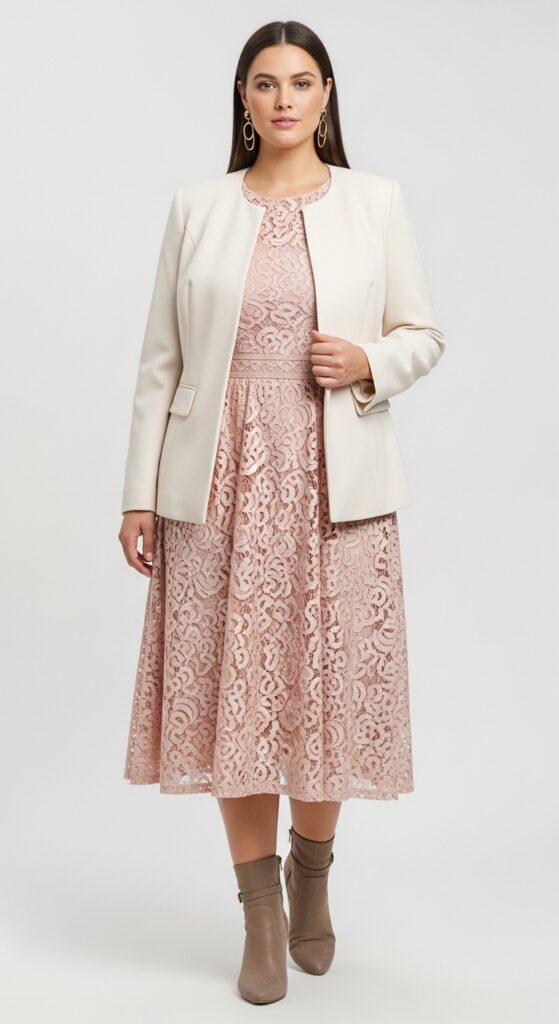 16 Plus Size Lace Mother of the Bride Dresses with Chic Season Style 18 Blush Lace Midi Dress and Jacket for Bridal Luncheons