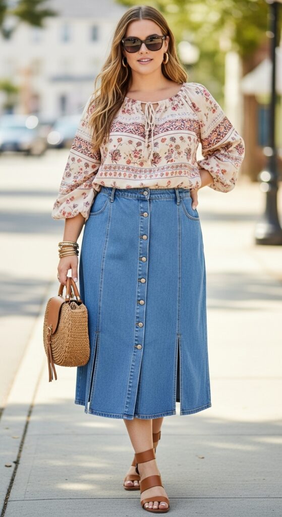 12 Boho-Chic Plus-Size Spring Outfits for a Relaxed, Bohemian Vibe 5 Bohemian Button-Up Skirt and Peasant Top Effortless and Trendy